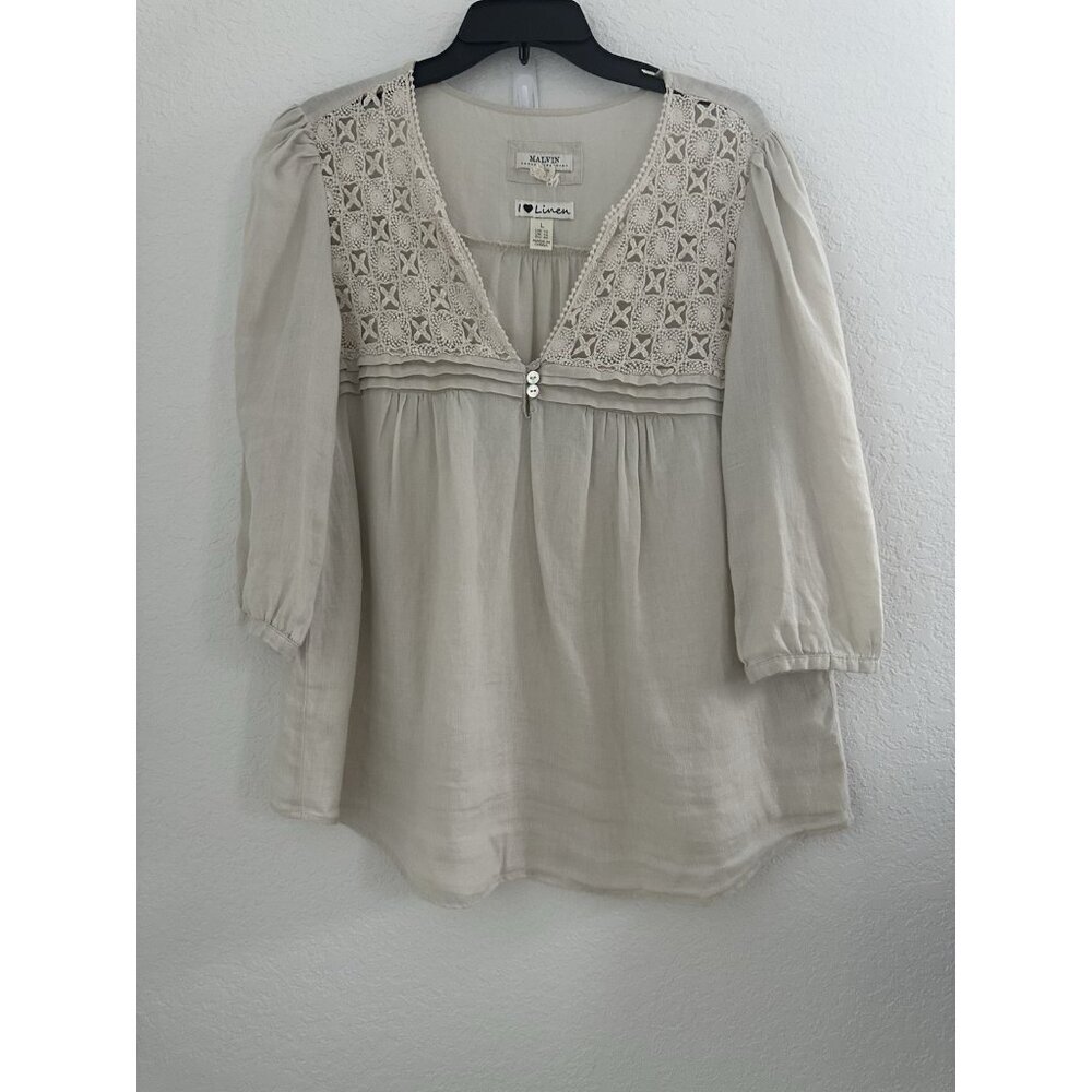 Malvin I love Linen Germany Womens Blouse L Tan 100% Linen Crochet Boho Peasant‎